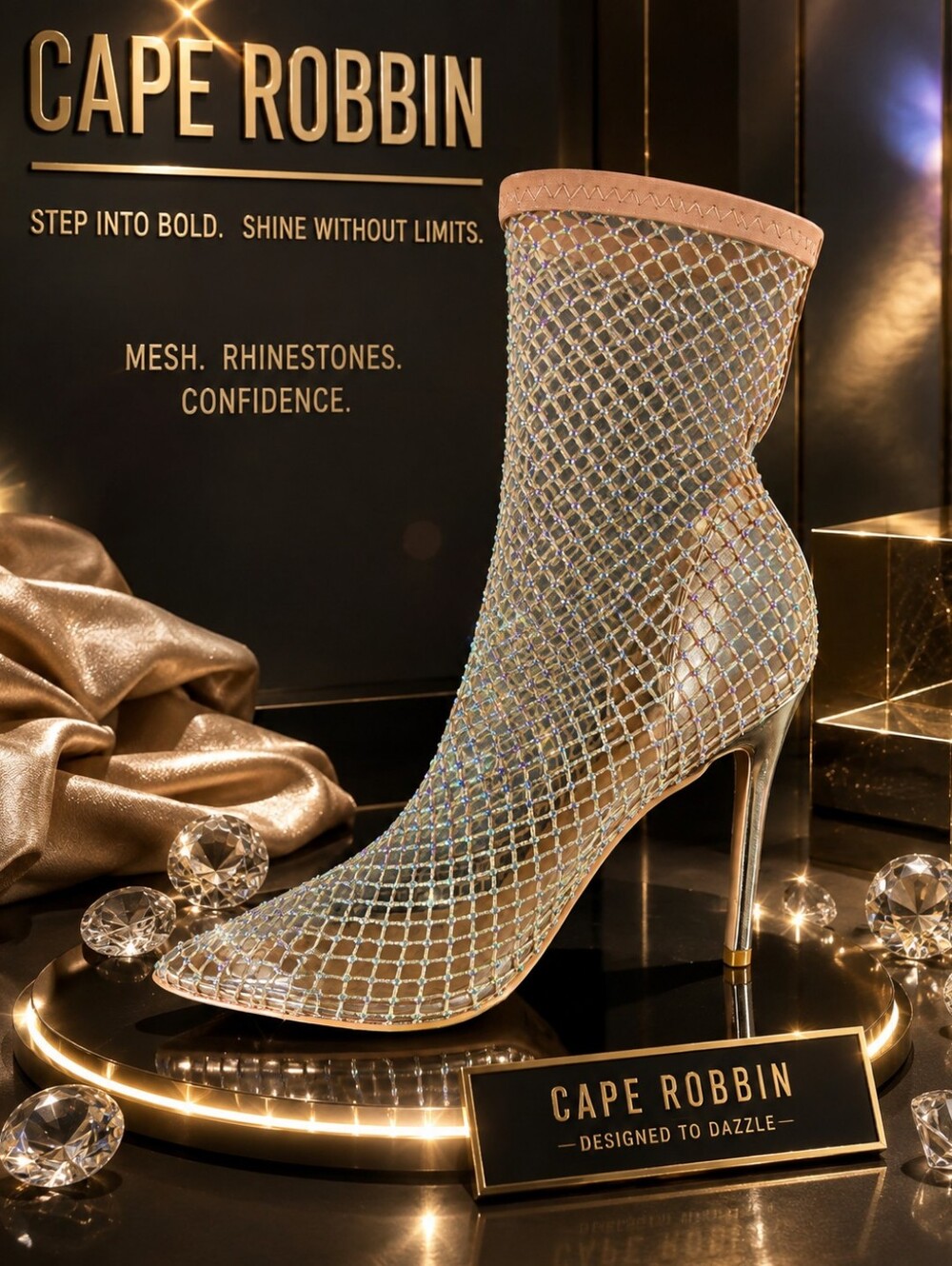 Cape Robbin 'Sharp' Rose Gold Crystal Net Ankle Stiletto Bootie